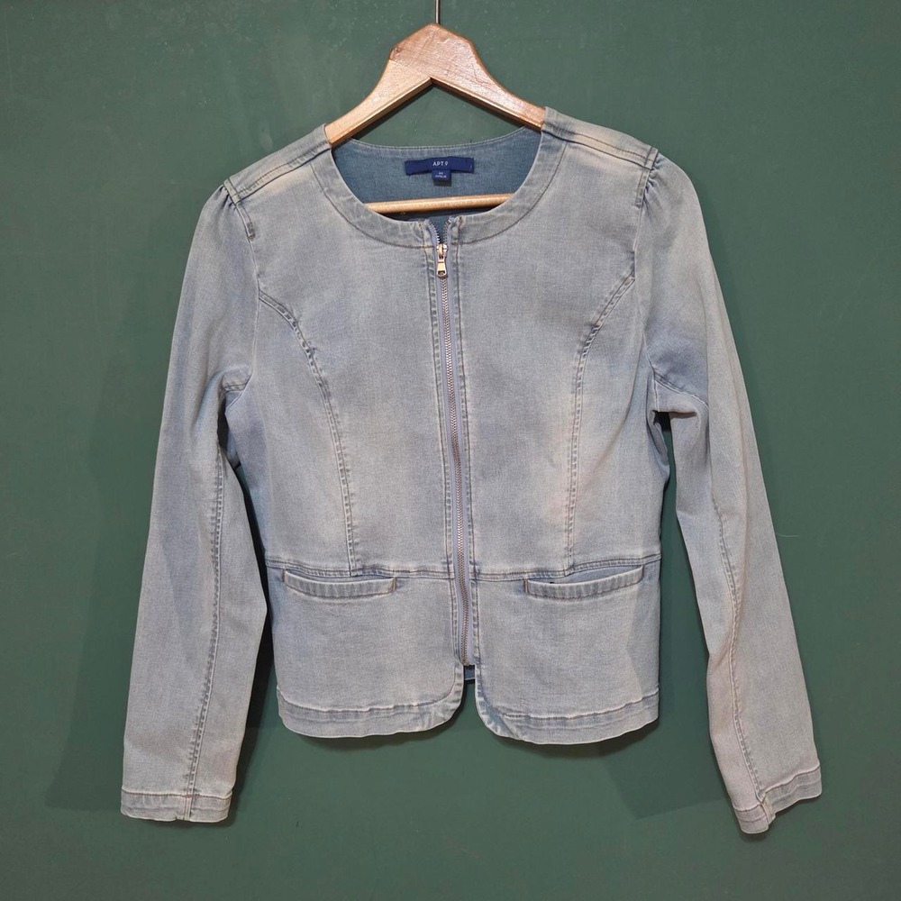 Apt 9 Womens Light Blue Denim Jacket Full Zip Round Neck Size Medium